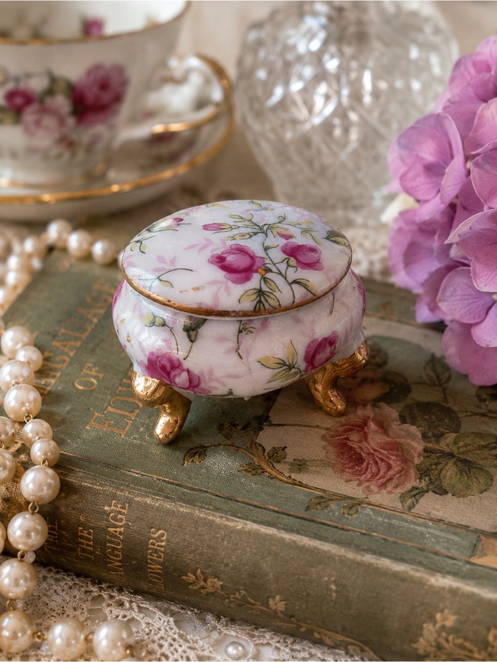 Lefton Rose Chintz Footed Trinket Box 1239 Jewelry Trinket Box